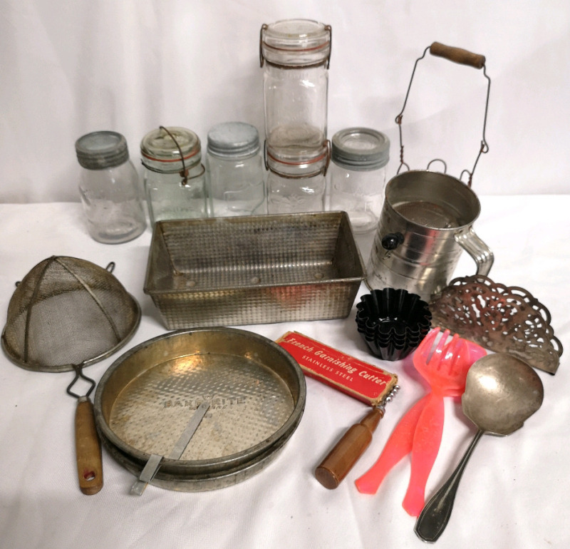 Large Vintage Kitchen Lot - Glass Mason Jars & Bakeware