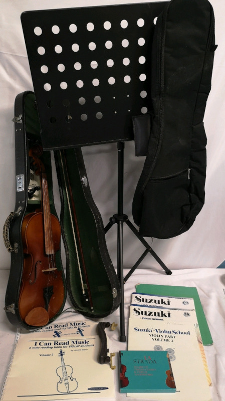 Vintage 4/4 Full Skylark Violin with Bow, Hard & Soft Case, Music Stand + Violin Music Books