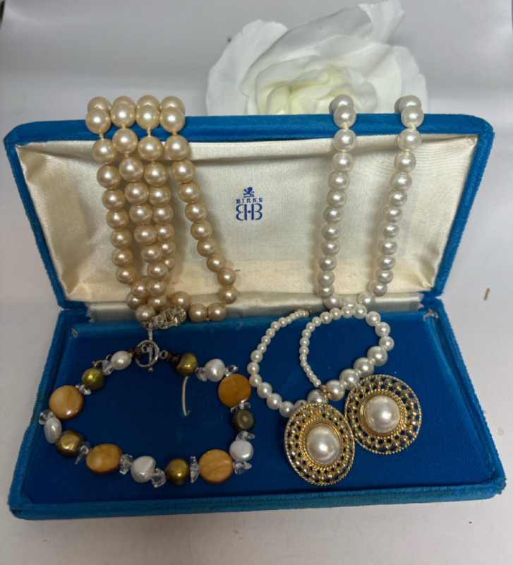 Blue Vintage BIRKS Box with Pearl Jewelry
