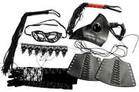 [Adults Only] 2 Floggers, Lace-Up Leather-Like Lace-Up Bracers, Lace Gloves, Choker & Masquerade Mask | Gloves Size Small