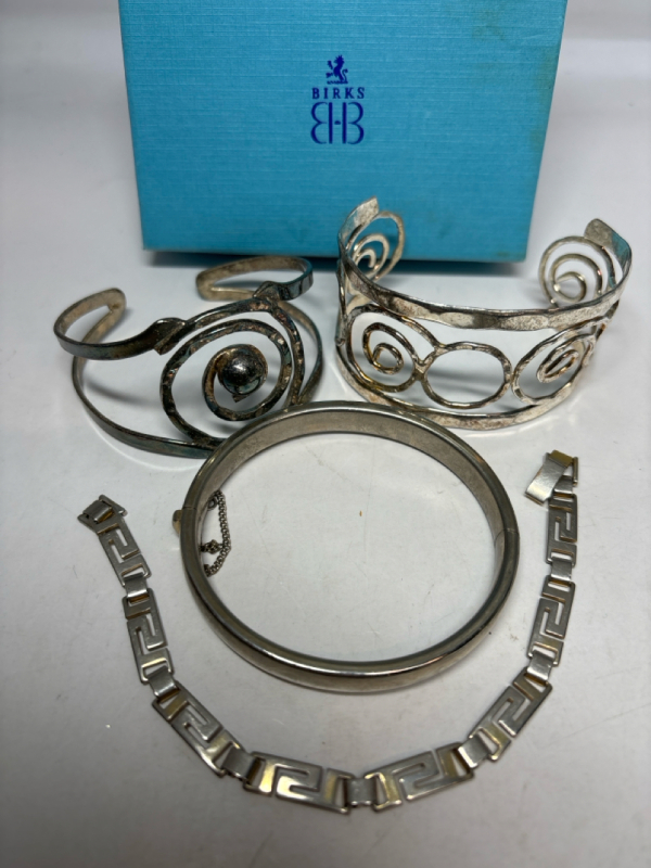 4 Bracelets Greek Key Line 2 Open Scrolled Cuffs Hinged Silver