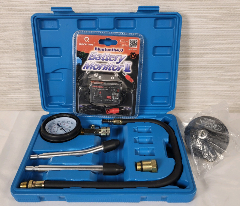 8MileLake Automotive Petrol Engine Gas Engine Cylinder Compression Tester Gauge Set , Locking Gas Cap & Quicklynks Battery Monitor II