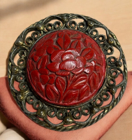 Vintage Cinnabar Large Dimensional Brooch Scrolled Open Frame
