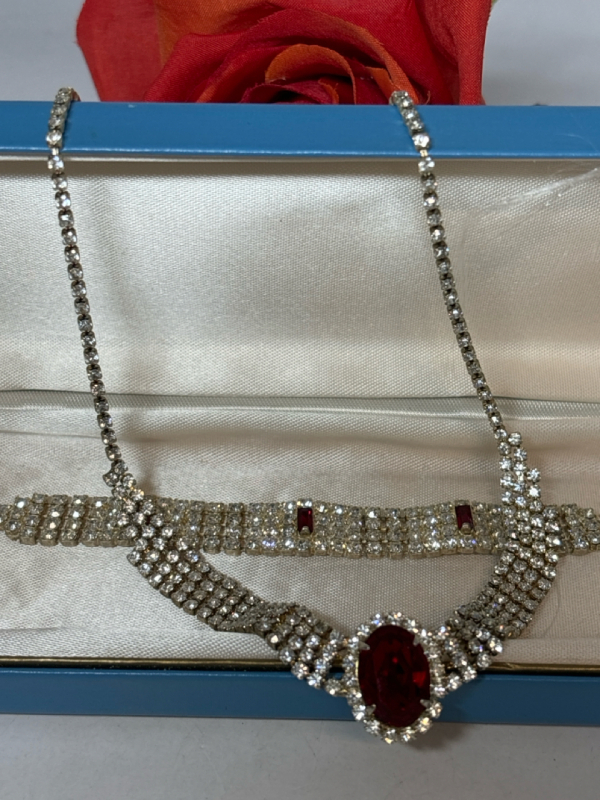 Like Fine Lace - Red and Clear Rhinestone Necklace and Bracelet Set