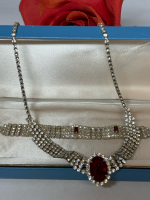 Like Fine Lace - Red and Clear Rhinestone Necklace and Bracelet Set