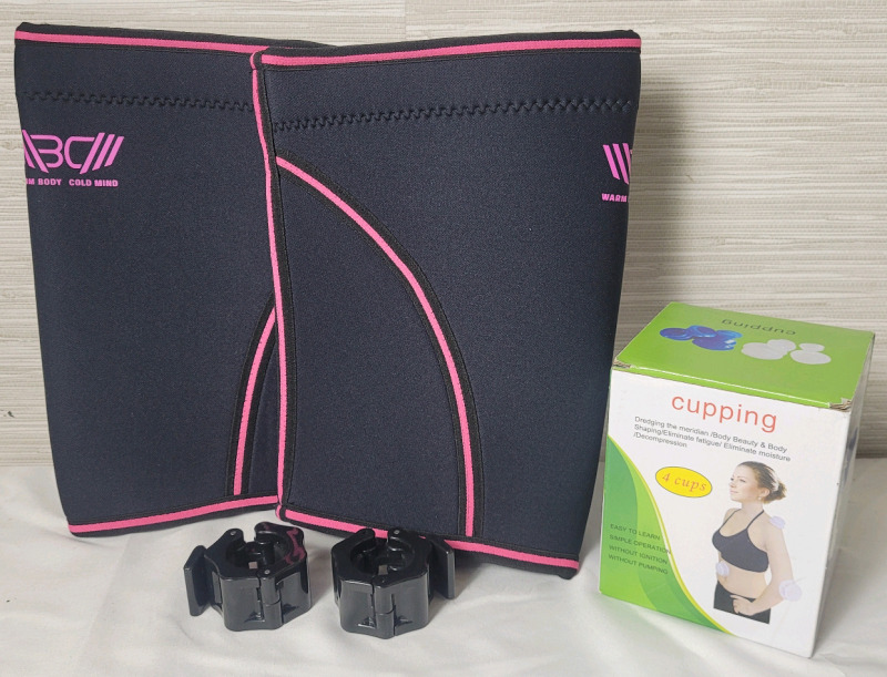 New - Warm Body Cold Mind WeightLifting Knee Brace 2xl & 3xl , Four (4) Cupping Cups & 1" WeightLifting Bar Clamps , Pair
