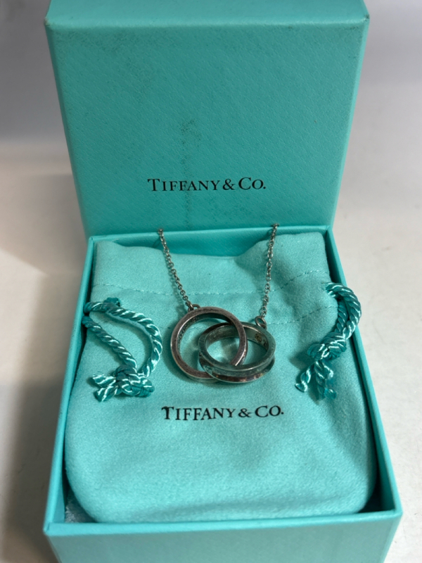 Tiffany & Co. Sterling Silver 1837 Interlocking Circle Two Rings 16&rdquo; Necklace 2004 Boxed with Pouch