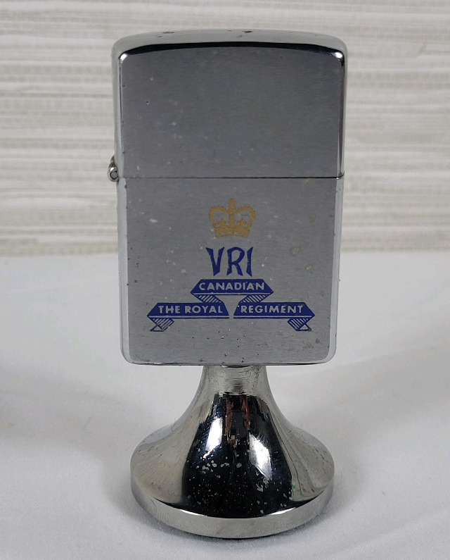 ZIPPO ' VRI The Royal Canadian Regiment ' Lighter with Stand . Both Case & Insert made in Niagara Falls