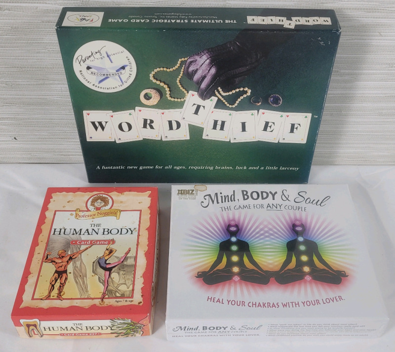 Board & Card Games Lot . Word Thief , The Human Body Card Game and Mind , Body & Soul Couples Game