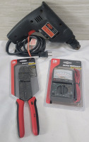 Tool Lot : BG Wire Stripper & Crimper (new) , BG Analog Multimeter (new) & SKIL 3/8" Variable Speed Drill (working)