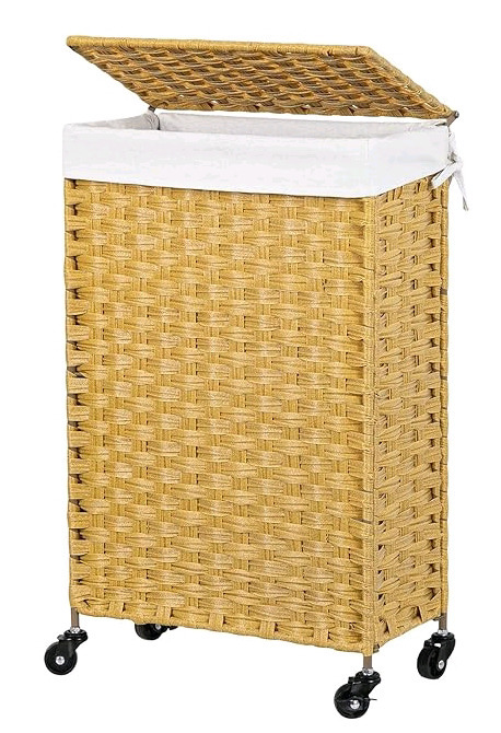 New - Chrislley 53L Slim Handwoven Rattan Laundry Hamper w/Lid . Rolling Laundry Basket w/Removable Liner Bags Foldable Hampers with Wheels . Stock photos used , some assembly required