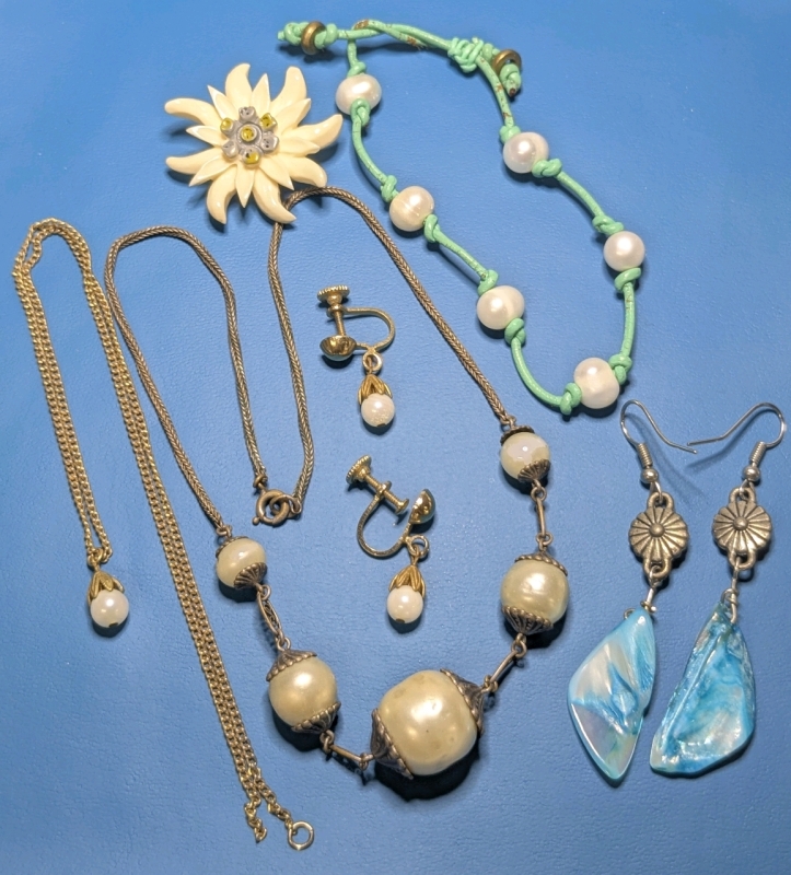 Faux Pearl, Dyed Shell: Australian Carved Bone/Horn Edelweiss Flower Brooch, 2 Pairs Earrings, 2 Necklaces, Bracelet | Longest 15"