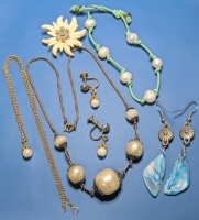 Faux Pearl, Dyed Shell: Australian Carved Bone/Horn Edelweiss Flower Brooch, 2 Pairs Earrings, 2 Necklaces, Bracelet | Longest 15"