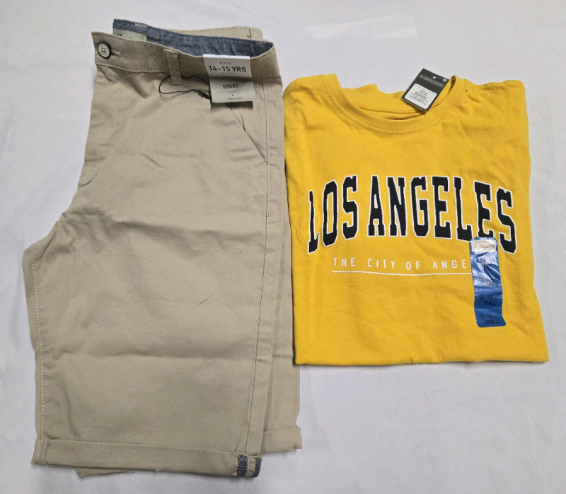 2 Pcs New | ( 1 ) Primary Mens Ages 12-13 Size(158cm ) Yellow Los Angeles T-Shirt & Denim Co Ages 14-15(170cm ) Chino Shorts