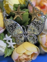 Large Silver Tone Butterfly Statement Necklace w Suspended Shell & 2 Pairs Starfish Stud Earrings | Necklace 21" Longv