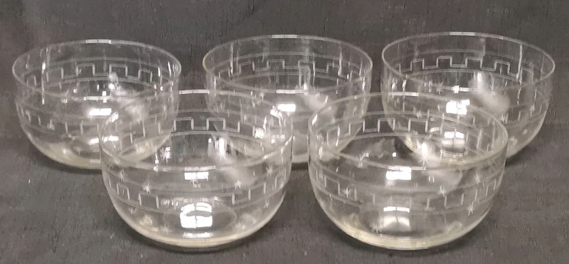 5 Vintage Hand Blown Glass Finger Bowls with Etching Greek Key Pattern & Star Bursts