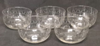 5 Vintage Hand Blown Glass Finger Bowls with Etching Greek Key Pattern & Star Bursts