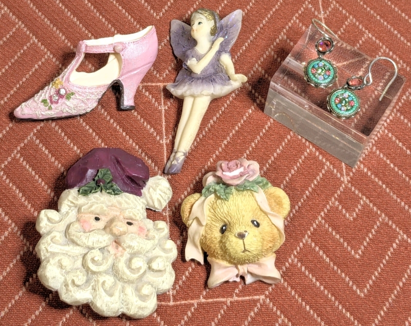 Gorgeous Beaded Shepherd Hook Earrings & 4 Cute Resin Brooches: Shoes, Fairy, Santa & Bear | Largest Brooch 2.25" Long