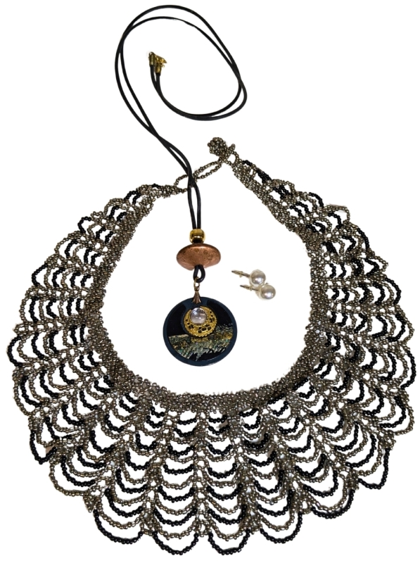 Stunning Intricately Beaded Bib Collar Necklace, Faux Pearl Stud Earrings & Pendant Necklace | Longest