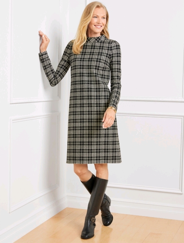 New Ladies Size XL | TALBOTS Long Sleeve Cozy Windowpane Plaid Mockneck Dress