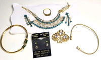 Gold Tone & Rhinestone Necklace+ Earrings Set, 2 Bracelets, Cute Brooch, Size 5.5 Ring & 2 Additional Pairs Earrings| Necklace 14" Long