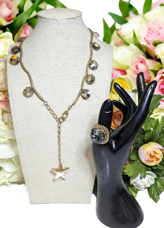 Necklace w Cut Glass + Copper Tone Separator Beads & Honey Cut Glass Star on Chain by Clasp & Size 7.5 Ring w Smokey Cut Glass Bezel Set | Necklace 18" Long