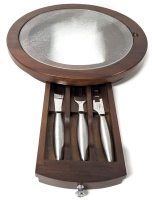 Trudeau Round Cheese Tray w Removable Glass Cutting Board & 3 Stainless Steel Cheese Utensils | 13.5" Diameter