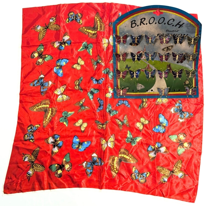 Vintage Acetate Butterfly Scarf Made in Japan & 21 Vintage Gold Tone Butterfly Brooches on Original Card