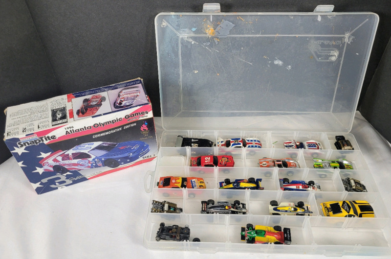 13 HO Racing Slot Cars & 4 Slot Car Chassis plus Monogram SnapTite Monte Carlo Model Kit , Half Complete