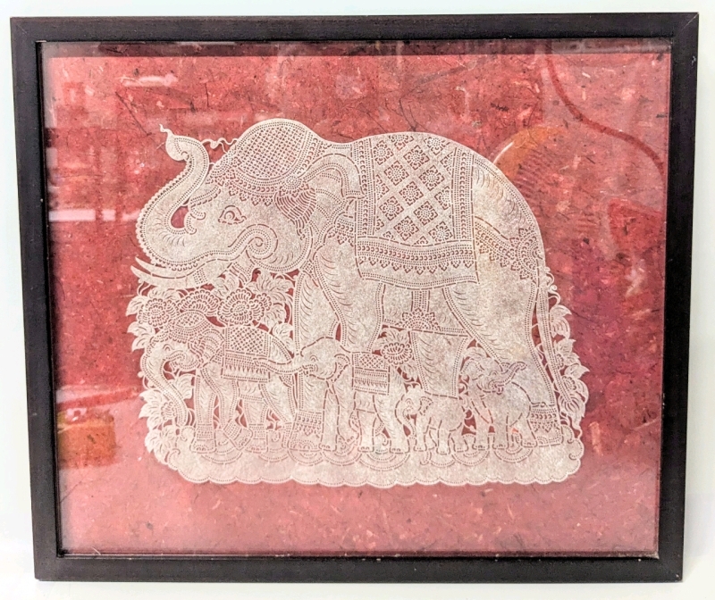 Lovely Framed Thai Carved Leather Art Lucky Elephant Troupe | 18" x 15.5"