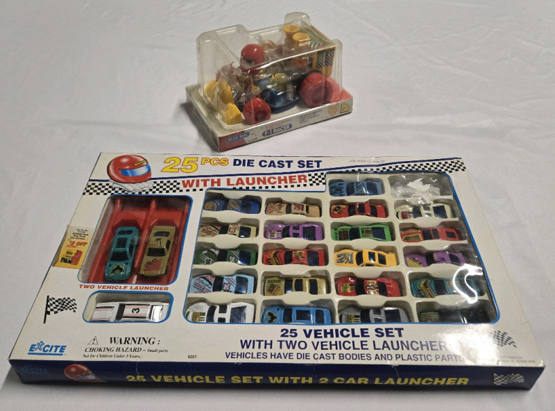 25+ Pcs | Excite Die Cast Vehicle Set W/ 2 Vehicle Launchers & Blue.Box F-1 Racer Measuring 8.5" x 5.5" x 4.5"