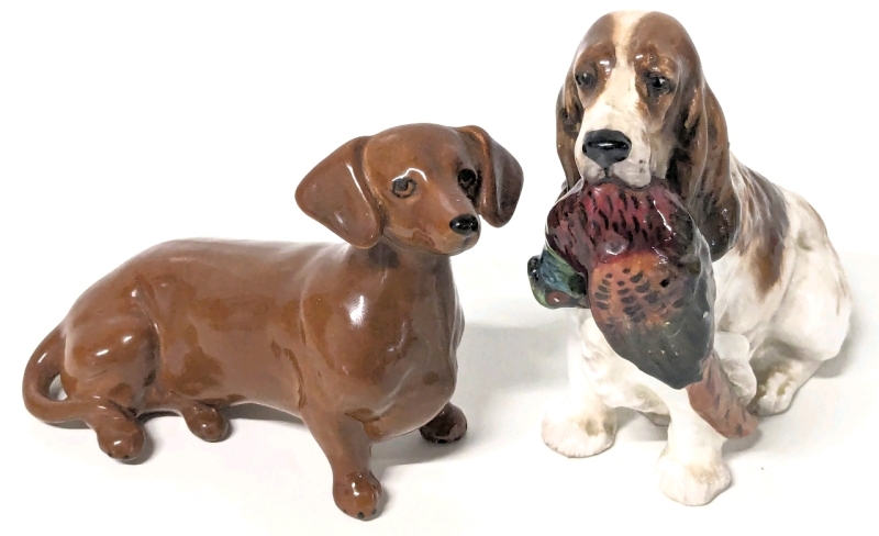 Royal Doulton HN 1029B Spaniel w Hunted Pheasant & Porcelain Wiener Dog Figure Made in England | Tallest 3.8"