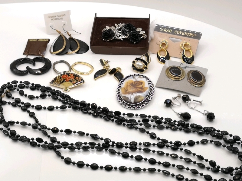 Elegant Black Jewelry - 9 Earrings, 3 Brooches & Necklaces