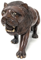 Concerned/Surprised-Looking African Lion Wood Carved Figure w Inlaid Eyes, Teeth & Claws | Approx 9.5" Long x 5.75" Tall