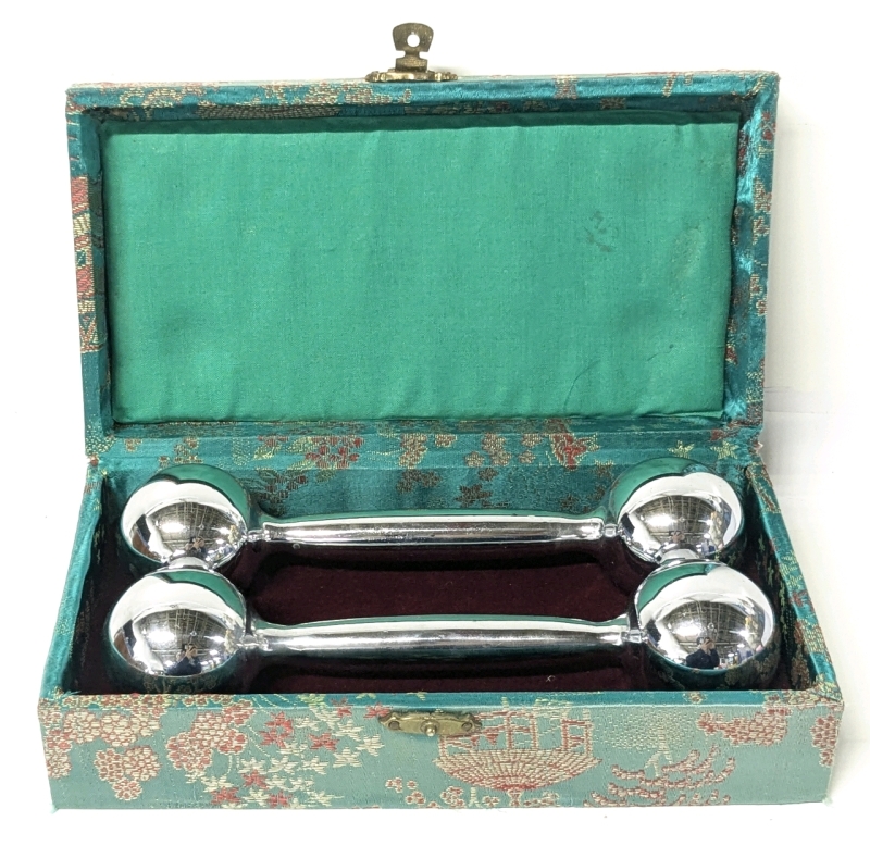 Meditative Baoding Chinese Chiming Barbells in Chinoiserie Embroidered Case | 7.25" Long ea