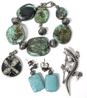 Assorted Turquoise + Turquoise-Colored Stone Jewelry in Silver Tones | Signed Bezel-Set Pendant, Bracelet, Brooch, Earrings
