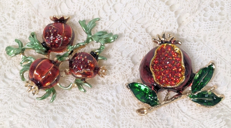 Gorgeous Pair of Pomegranate Rhinestone Enamel Brooches | Largest 2" x 1.75"