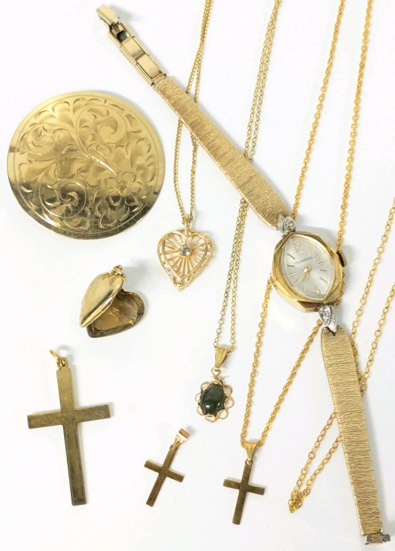 Assorted Gold Filled & Gold Tone Jewelry: Signed Forstner Brooch, Tourneau Ladies Watch, Crosses, Locket, Pendants & 4 Chains