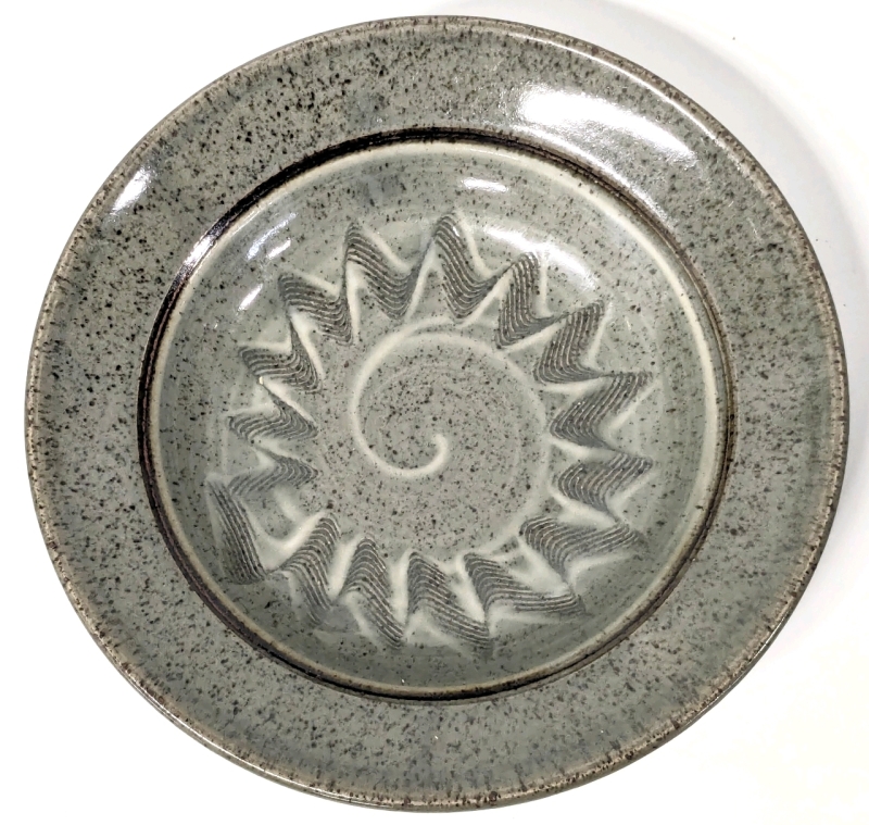 Signed Gorgeous Swirling Chatter Abstract Sun Stoneware Pottery Low Bowl TERRY OSBORNE Local Hamilton Niagara Potter | 9" Diameter x 2" Tall