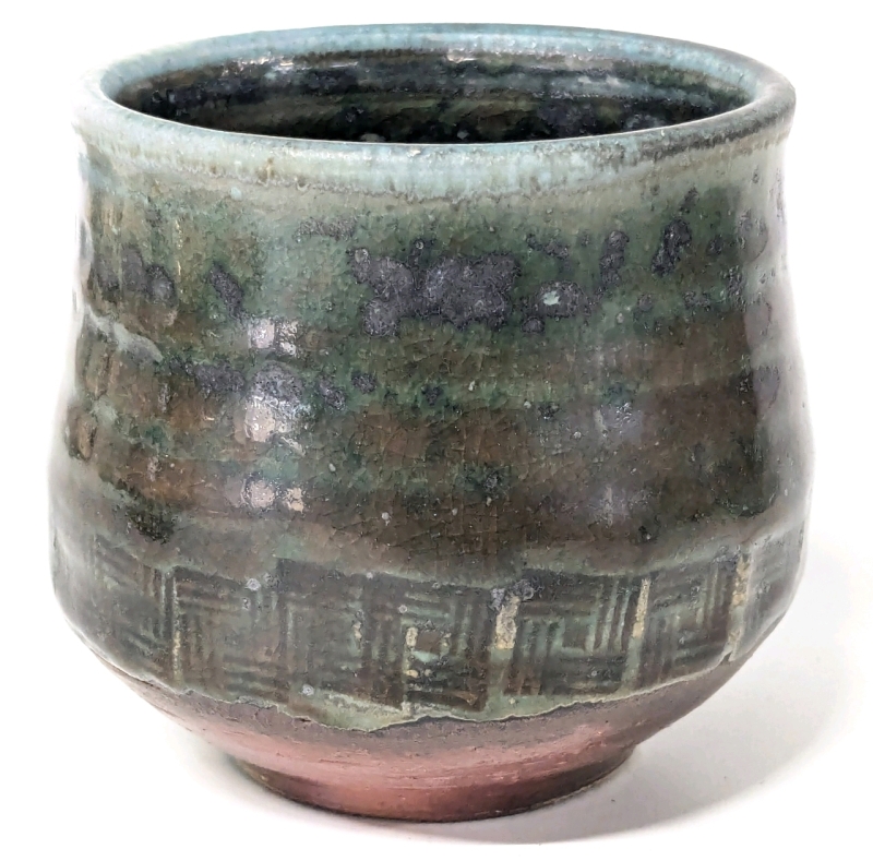 Stamped Stoneware Pottery Multicolored Geometric Tea / Drinking Glass TERRY OSBORNE Local Hamilton Niagara Potter | 3" Diameter x 3" Tall