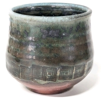 Stamped Stoneware Pottery Multicolored Geometric Tea / Drinking Glass TERRY OSBORNE Local Hamilton Niagara Potter | 3" Diameter x 3" Tall