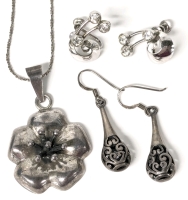 Sterling Silver Stamped 925 Signed Mexico Floral Brooch on Italian 925 Chain, 925 Dangly Earrings & Silver Tone Screw-Back Earrings