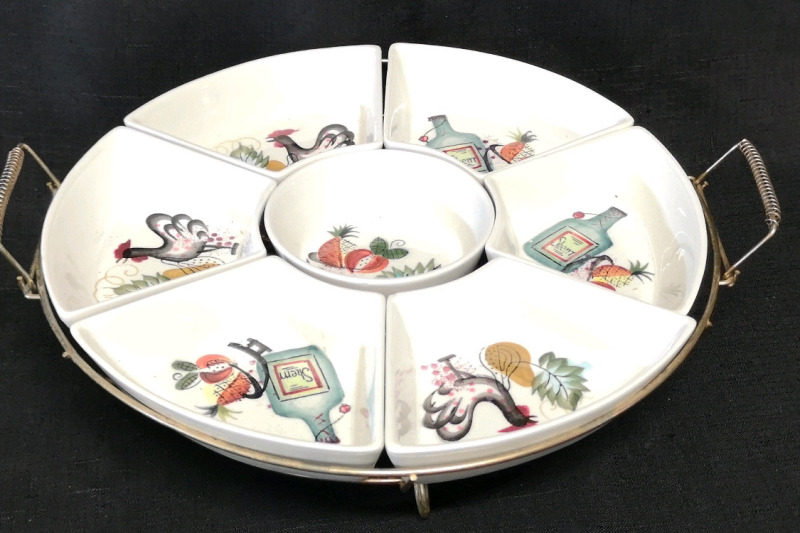Metal Lazy Susan Ceramic Relish Server Dishes Japan Roosters & Fruit