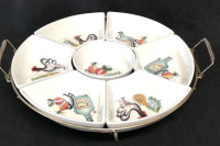 Metal Lazy Susan Ceramic Relish Server Dishes Japan Roosters & Fruit