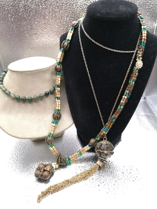 3 Stunning Necklaces Greens and Gold Tones