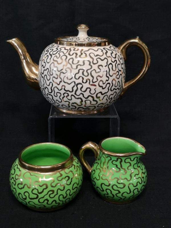 Unique Rare Sudlow's Burslem Teapot with Gold Trimmed Design 5.5" Tall & Green Creamer & Sugar