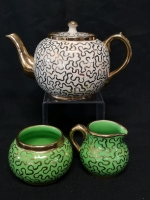 Unique Rare Sudlow's Burslem Teapot with Gold Trimmed Design 5.5" Tall & Green Creamer & Sugar