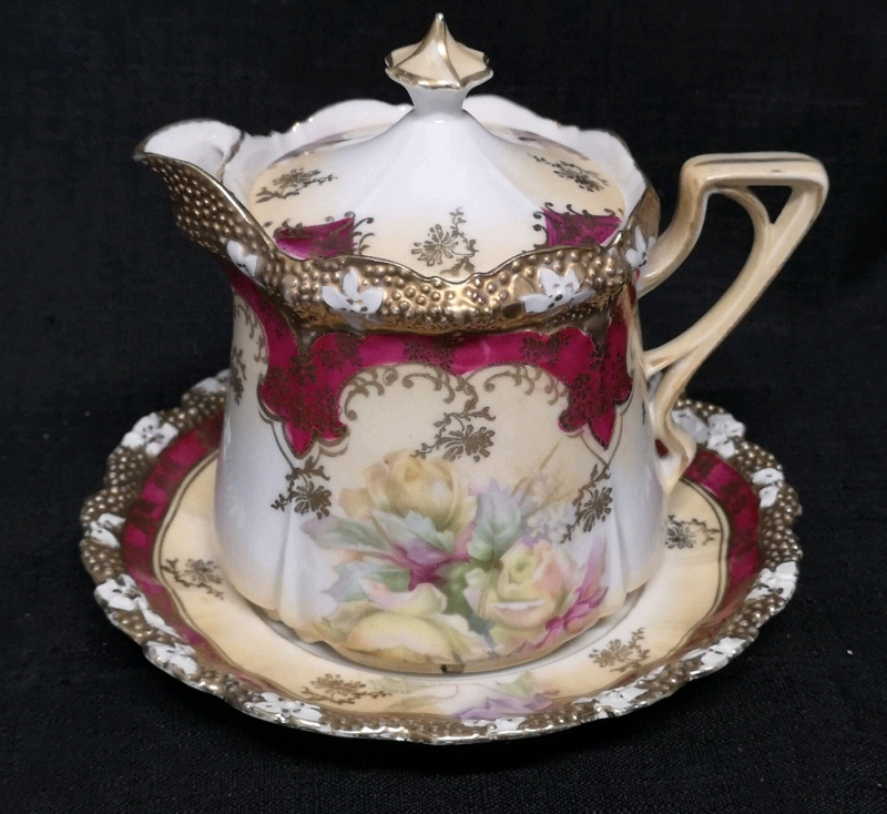 Art Nouveau Style Syrup Pitcher 4.5" Tall with Underplate