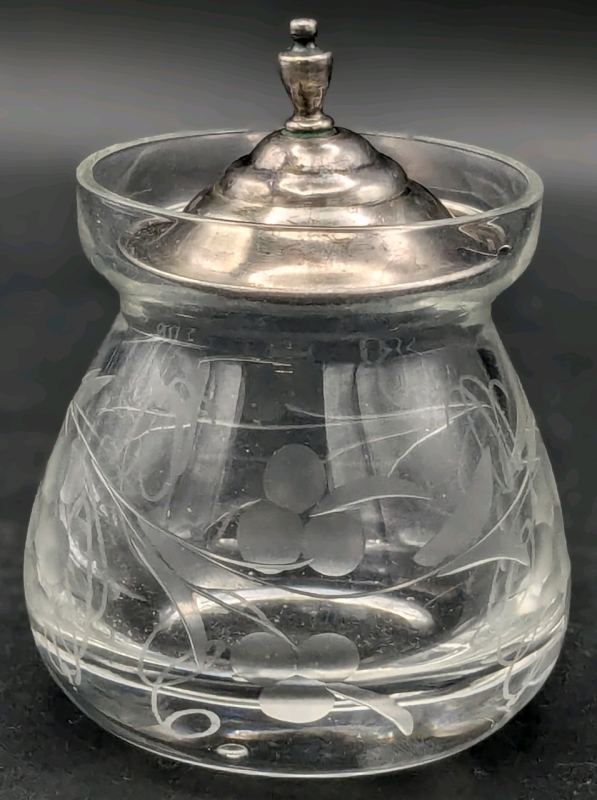 BIRKS Sterling Silver Top Etched Glass Jam Jelly Jar | 2" Diameter x 3.25" Tall