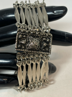 Sterling Taxco Mexico Repousse Segmented Panel Bracelet 7.5 Inches Over 1 In Wide Stamped